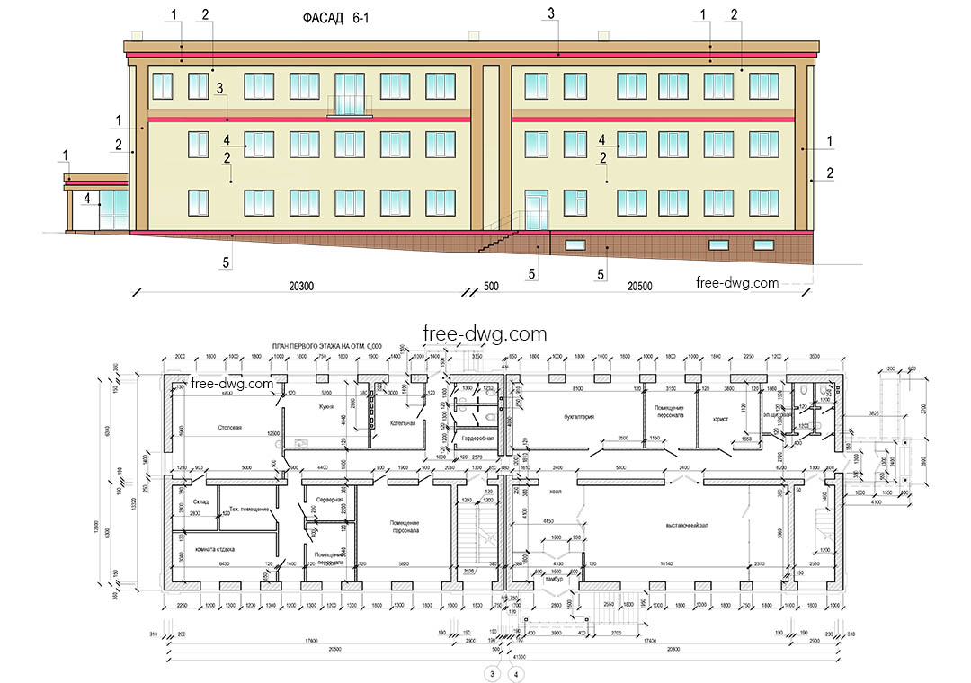 Трехэтажное офисное здание - файл чертежа в формате DWG.