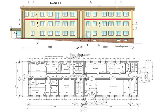 Трехэтажное офисное здание - файл чертежа в формате DWG.
