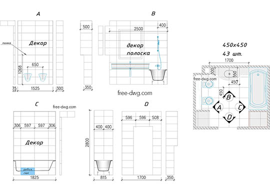 Раскладка плитки в ванной - файл чертежа в формате DWG.