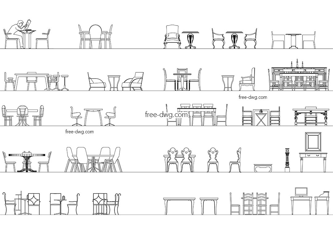Столы и стулья сбоку - файл чертежа в формате DWG.