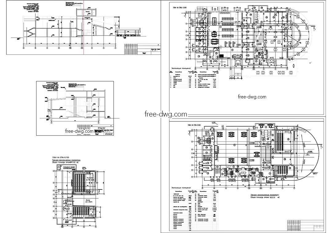 Планы и разрезы кинотеатра - файл чертежа в формате DWG.