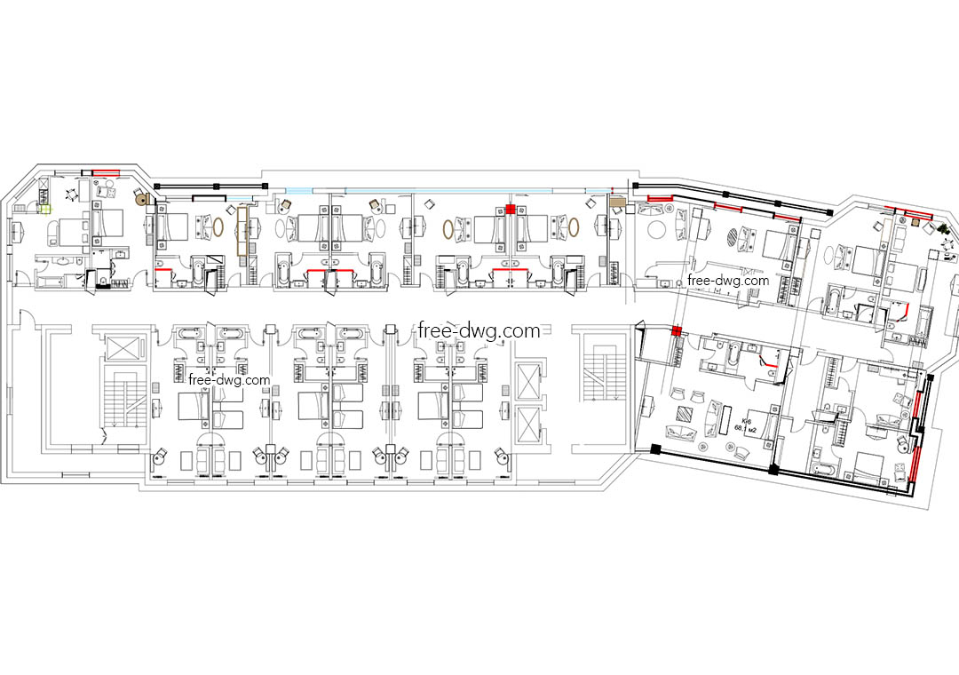 План типового этажа гостиницы - файл чертежа в формате DWG.