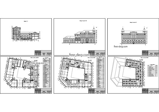 Планы и фасады гостиницы - файл чертежа в формате DWG.